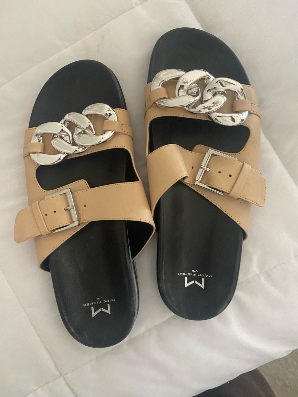 Marc Fisher Tan Slide Sandals with Oversized Silver Chain